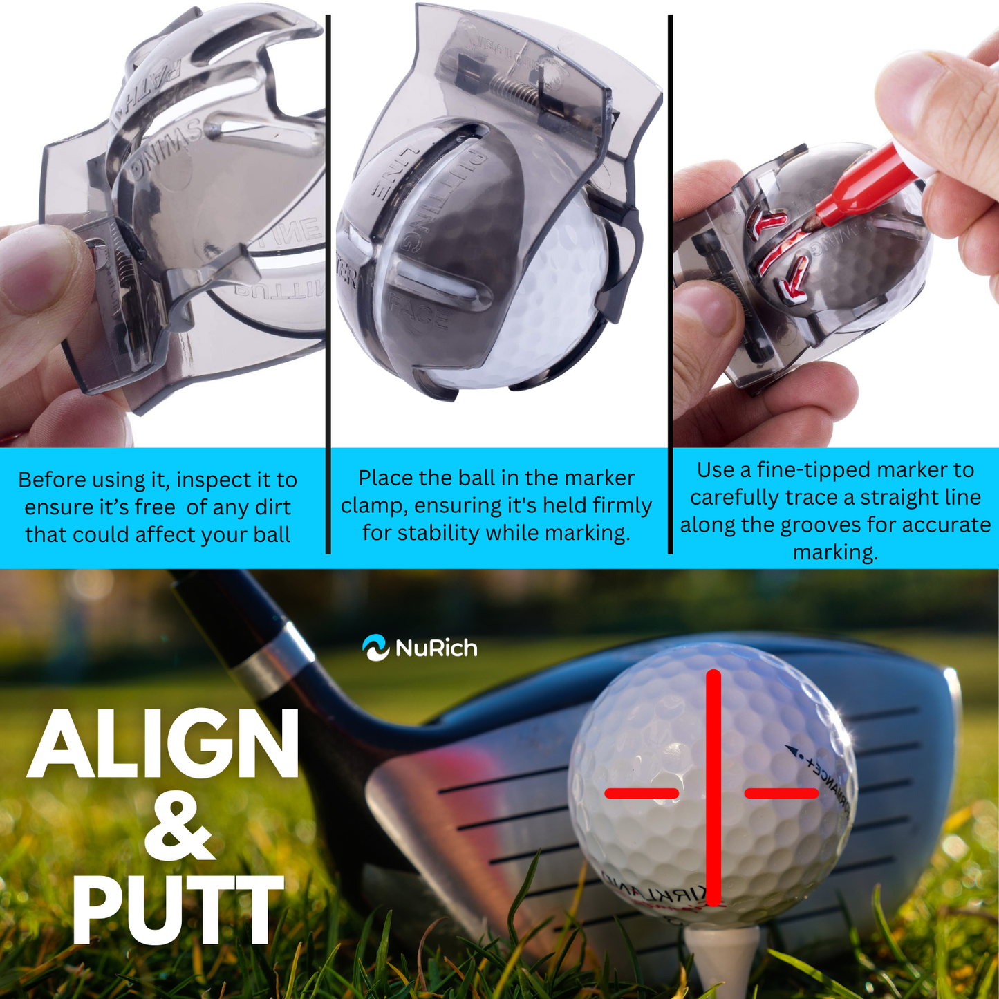 NuRich Golf Ball Line Marker Tool | Golf Ball Putting Alignment Marking Tool | Golf Accessories Tool | Fits in Golf Bag and Easy to Carry on Golf Course | 2 Pack