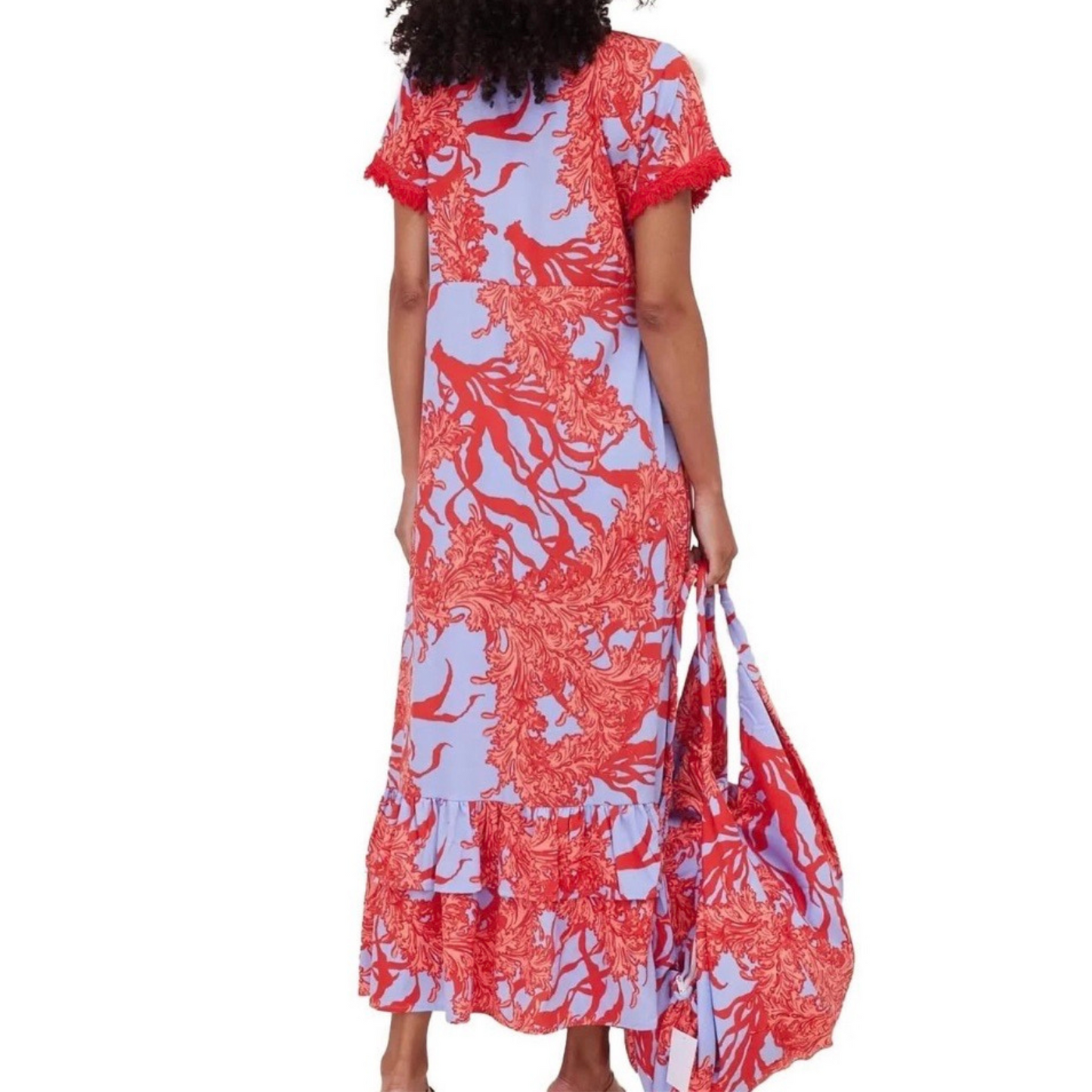 Brigida Ruffle Maxi Dress Butterfly Sleeve in Deep Coral