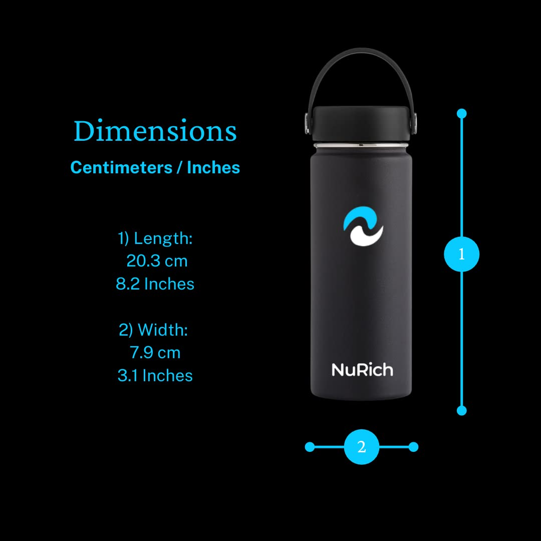 NuRich Sports Water Bottle - 18 oz, Stainless Steel Vacuum Insulated, Wide Mouth Hydro Metal with Sweat Proof Design for Hot and Cold Temperatures