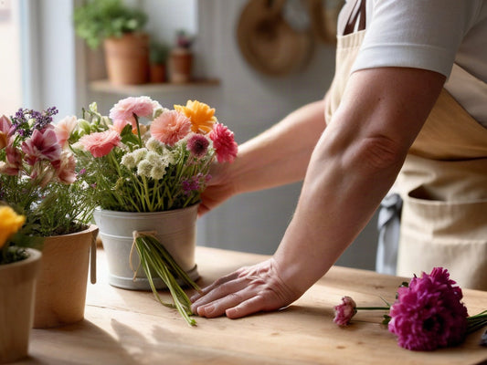 Florist's hands trimming stems and arranging fresh flowers