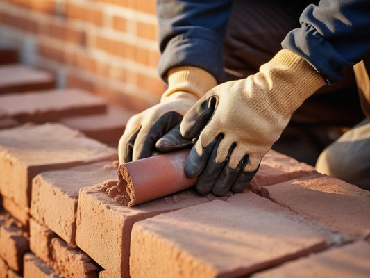 Bricklayer's gloved hands spreading mortar with a trowel on a red brick wall