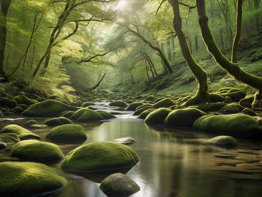 A clear forest river winding through green riparian trees and moss-covered rocks