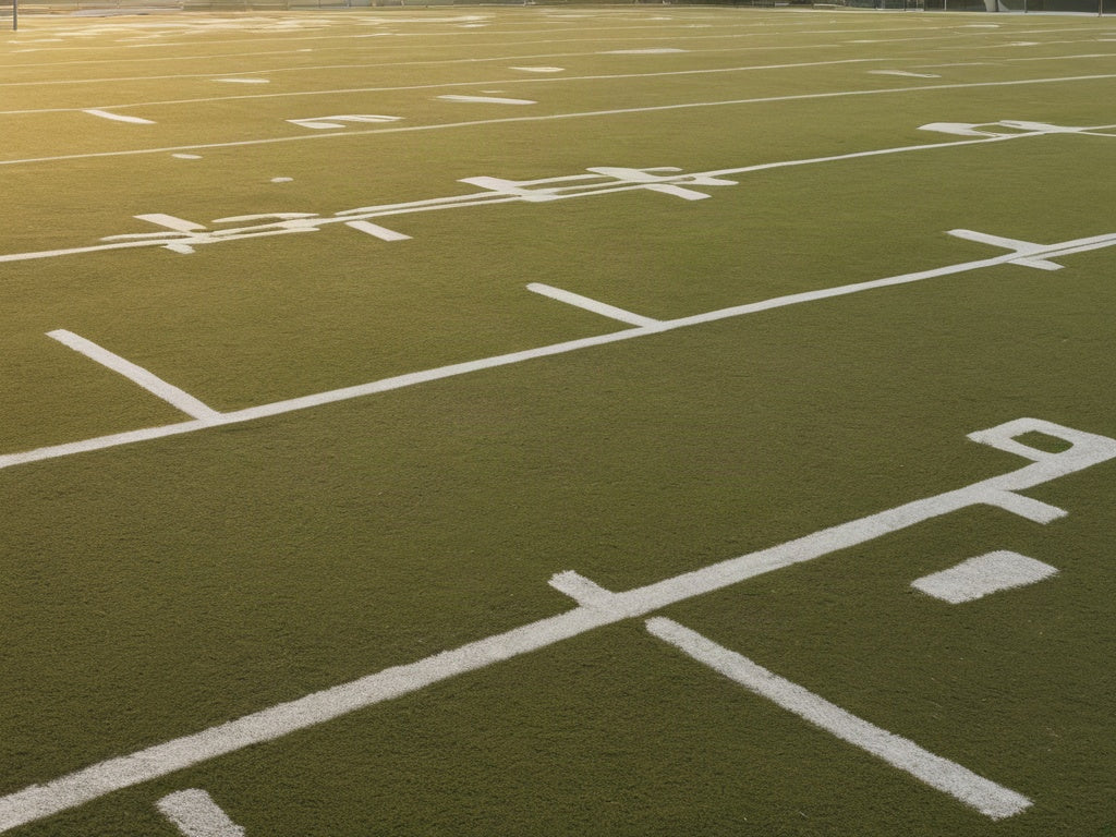 Empty high school marching practice field at sunrise with painted yard lines and long shadows