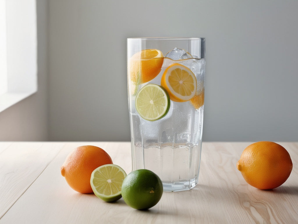 A clear glass of plain water beside sliced citrus on a plain light surface, no text or logos visible