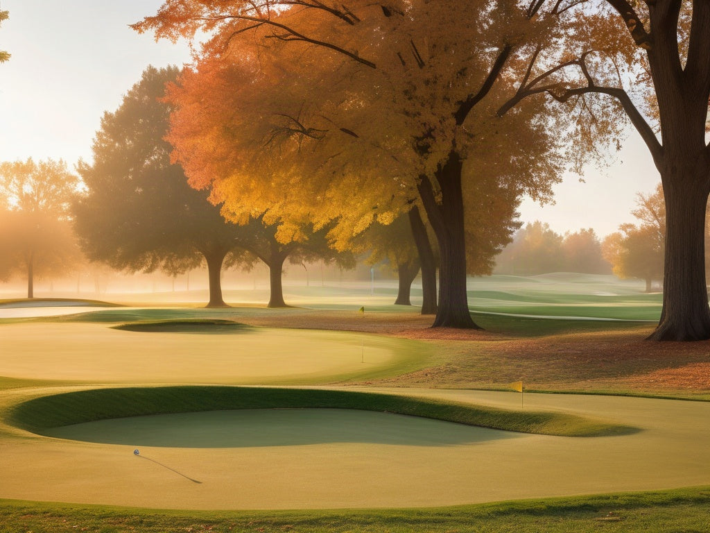 Empty golf course fairway and green at sunrise in autumn with dew and fall foliage