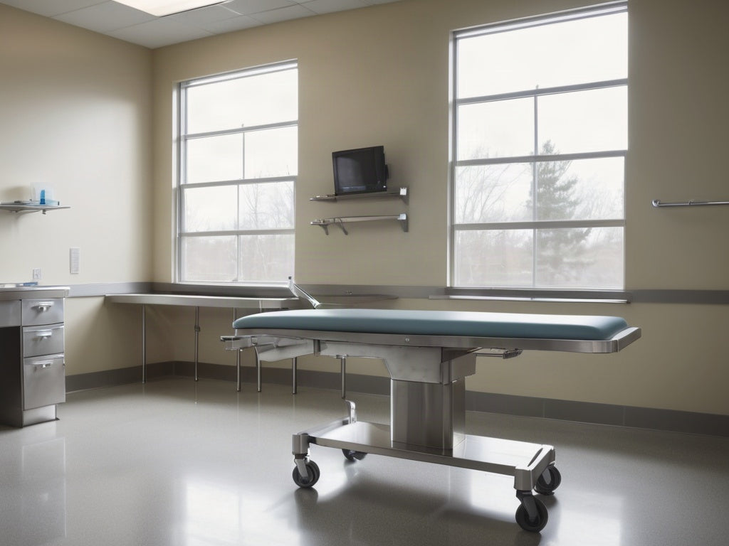 Empty veterinary clinic exam room with stainless steel table