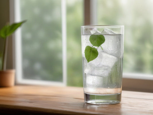 A tall clear glass of ice water with a mint leaf and condensation on a wooden table beside a bright window