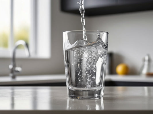 Fresh water pouring into a clear drinking glass