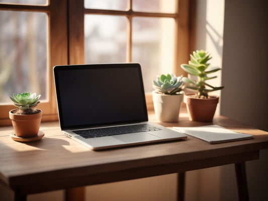 Sunlit home office desk with closed laptop and notebook