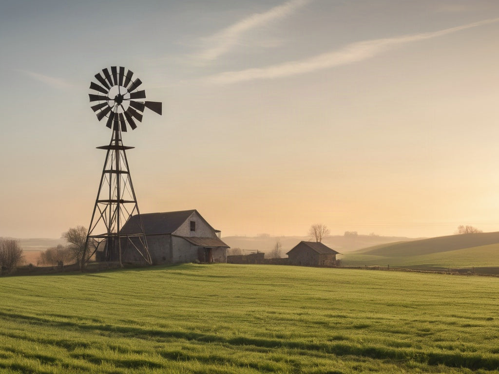 A rural farmhouse and green fields under a wide morning sky with a windmill in the distance