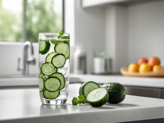 A glass of water with cucumber and mint on a bright kitchen counter beside fresh fruit