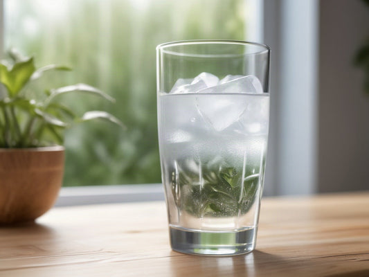 A tall glass of ice water with condensation on a wooden kitchen counter beside a potted plant by a window