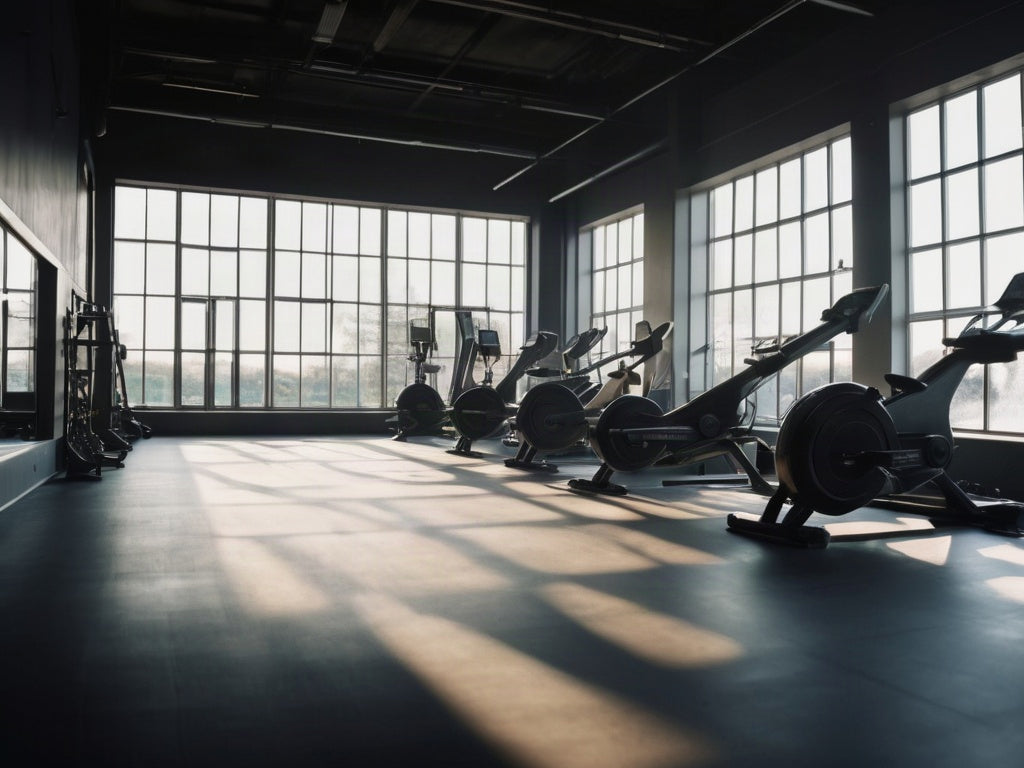 Bright empty gym with a row of rowing machines silhouetted against tall sunlit windows