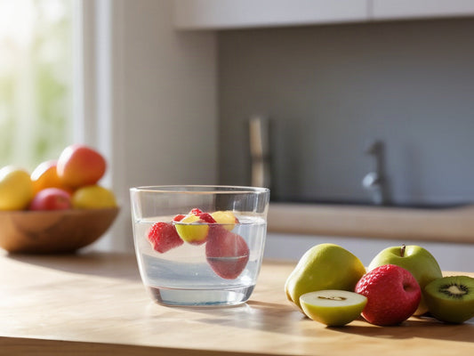 A clear glass of water on a sunlit wooden kitchen counter beside a small bowl of fresh fruit