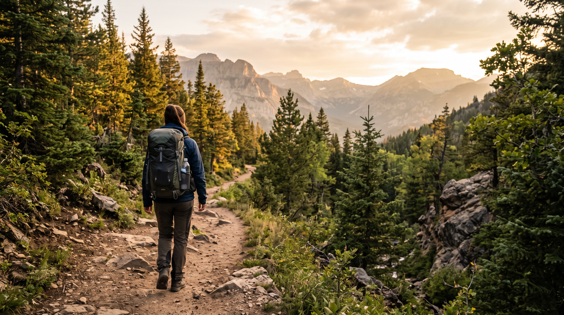 Hiker with a backpack walking a mountain trail at golden hour