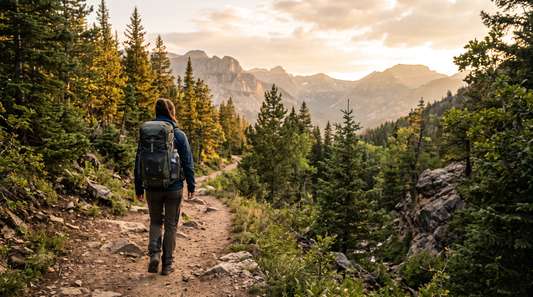 Hiker with a backpack walking a mountain trail at golden hour
