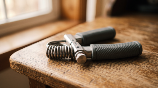 Close-up of a hand grip strengthener resistance trainer on a wooden desk