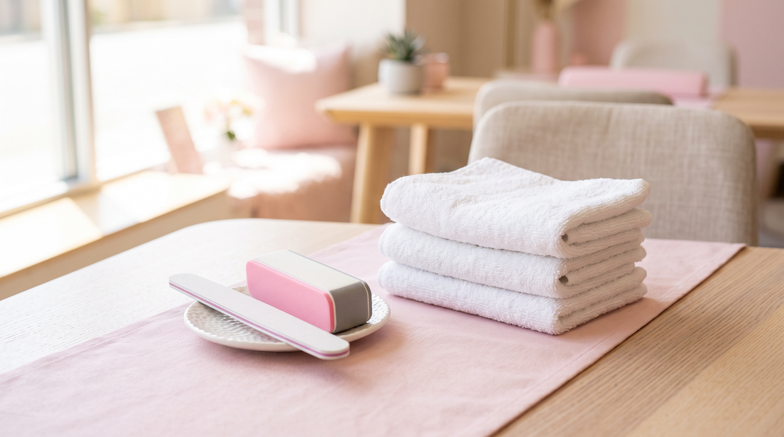 Cozy nail salon seating area with folded white towels in soft pastel light