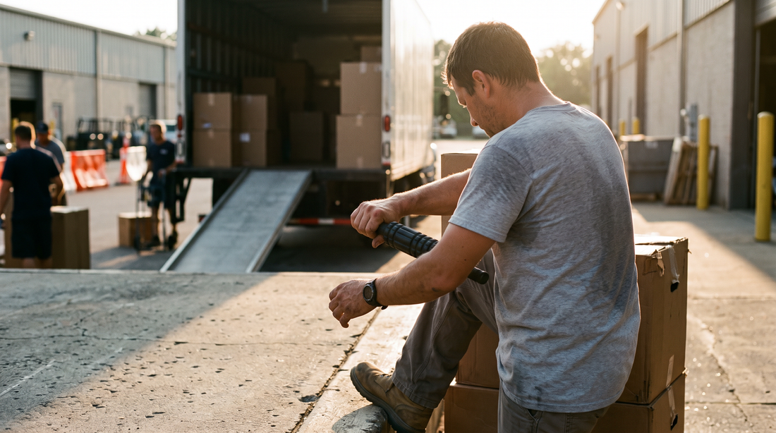 Mover on a loading dock rolling out a sore forearm with a massage roller stick beside a moving truck