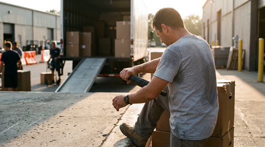 Mover on a loading dock rolling out a sore forearm with a massage roller stick beside a moving truck