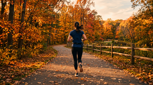 Runner seen from behind jogging along an autumn foliage park path in golden light