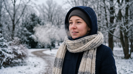 Person in winter coat and scarf exhaling a visible breath cloud in cold snowy air