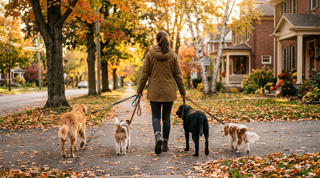Dog walker holding four leashes on an autumn neighborhood sidewalk