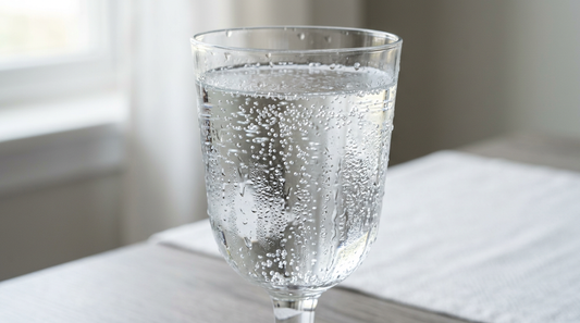 Close-up glass of sparkling water with carbonation bubbles and condensation