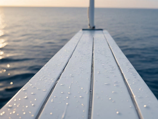 Wet boat deck with ocean horizon at golden hour