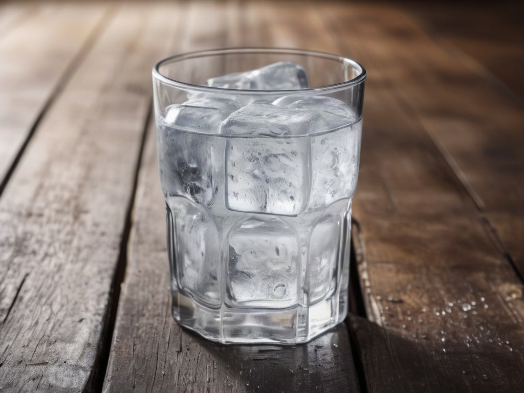 A clear glass of ice water with condensation on a plain wooden table in bright daylight