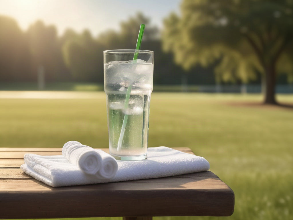 A tall glass of ice water with a straw and rolled white towels on a wooden table beside a sunlit green field