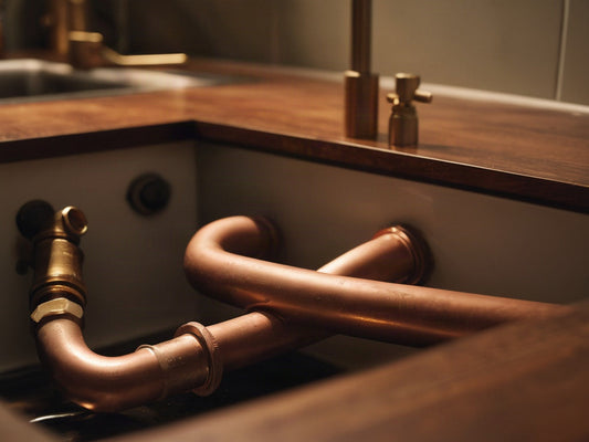 Close-up of copper water supply pipes and brass fittings under a kitchen sink