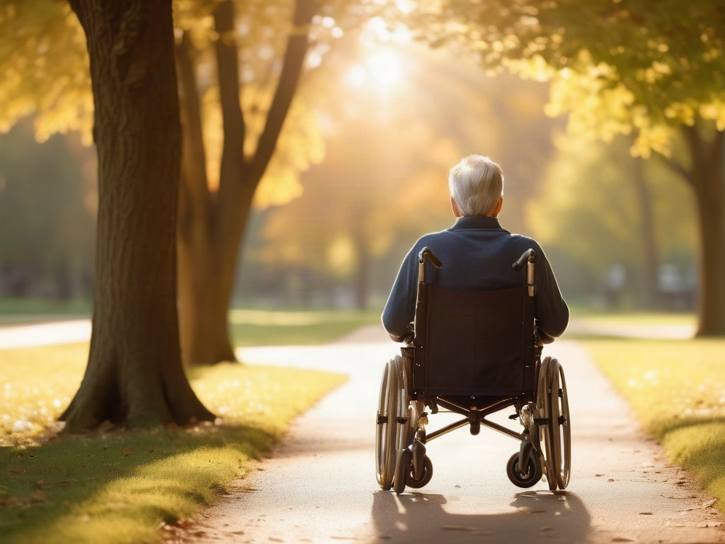 A person in a manual wheelchair rolling along a sunny tree-lined park path