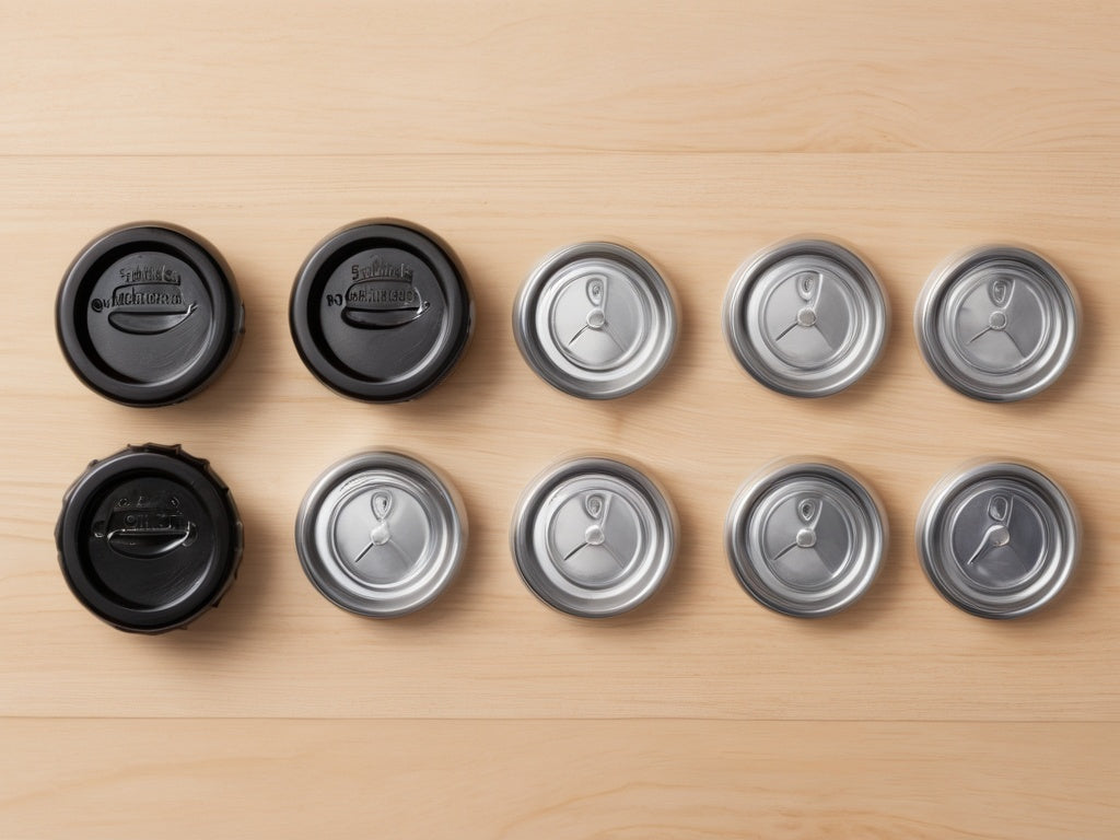 Several different water bottle lids and caps arranged on a wood surface
