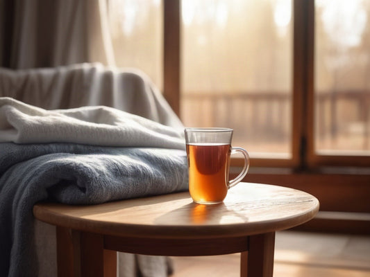 A steaming mug of tea on a wooden side table beside a soft folded blanket in warm daylight