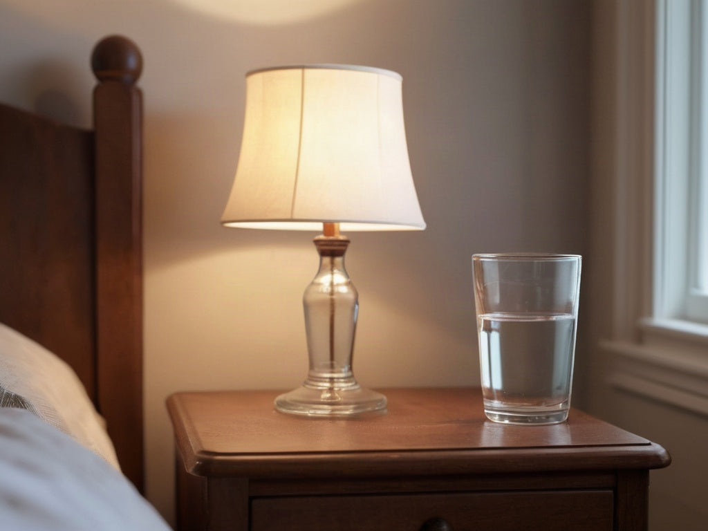 A glass of water on a wooden nightstand beside a lamp in soft morning light