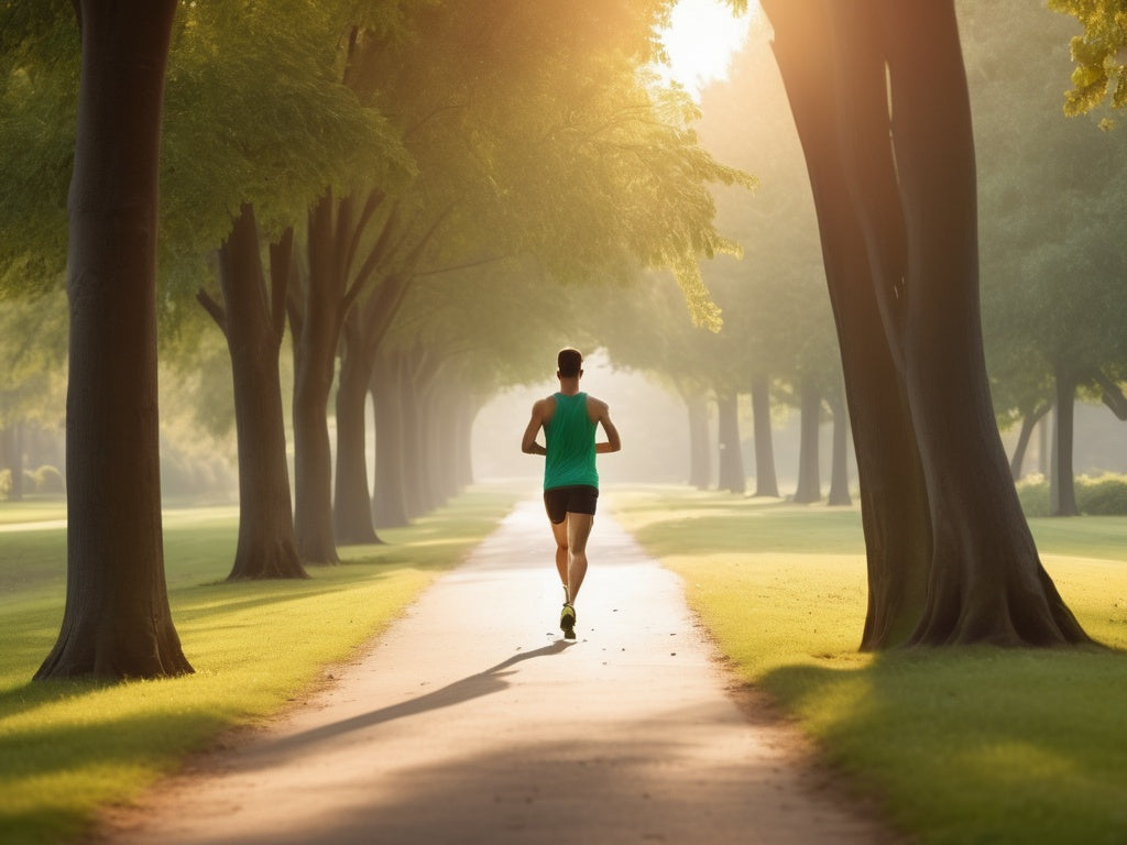 Runner jogging along a tree-lined park path at sunrise
