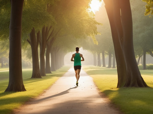Runner jogging along a tree-lined park path at sunrise