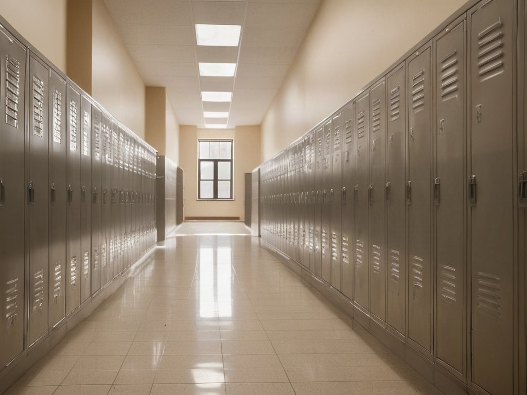 An empty school hallway with rows of closed lockers and polished tile floor in soft morning light