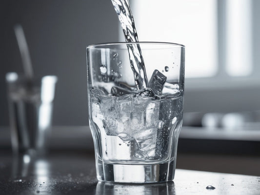 Water pouring into a glass with ice after a workout
