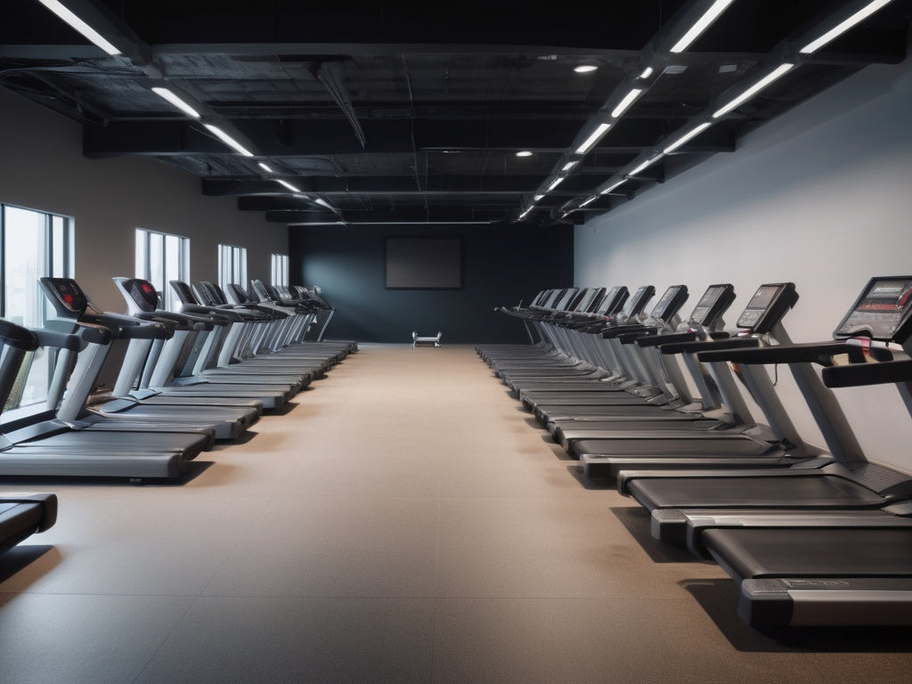 An empty indoor gym with a row of treadmills and cardio machines under bright overhead light, no people