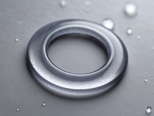 Macro close-up of a silicone lid gasket with water droplets on stone