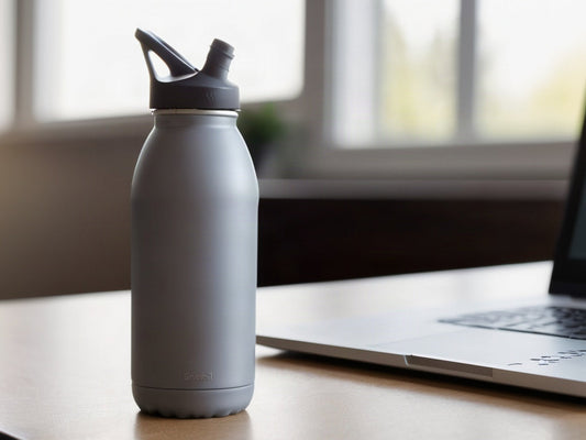 Gray water bottle with straw lid on a desk beside a laptop