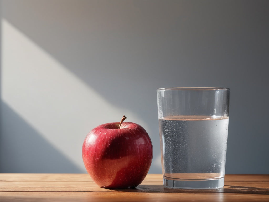 A red apple beside a glass of cold water on a wooden desk