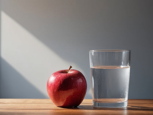 A red apple beside a glass of cold water on a wooden desk