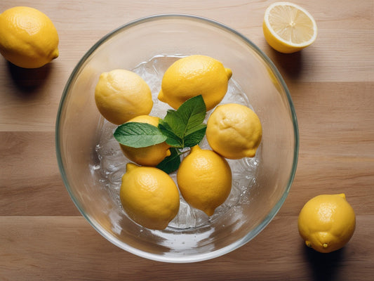A flat lay of halved fresh lemons beside a clear glass bowl of water and whole lemons on a bright wooden surface