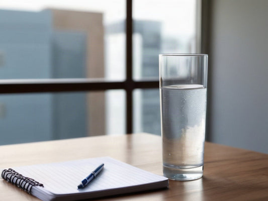 A clear glass of ice water on a wooden desk beside a plain notebook and pen in soft daylight