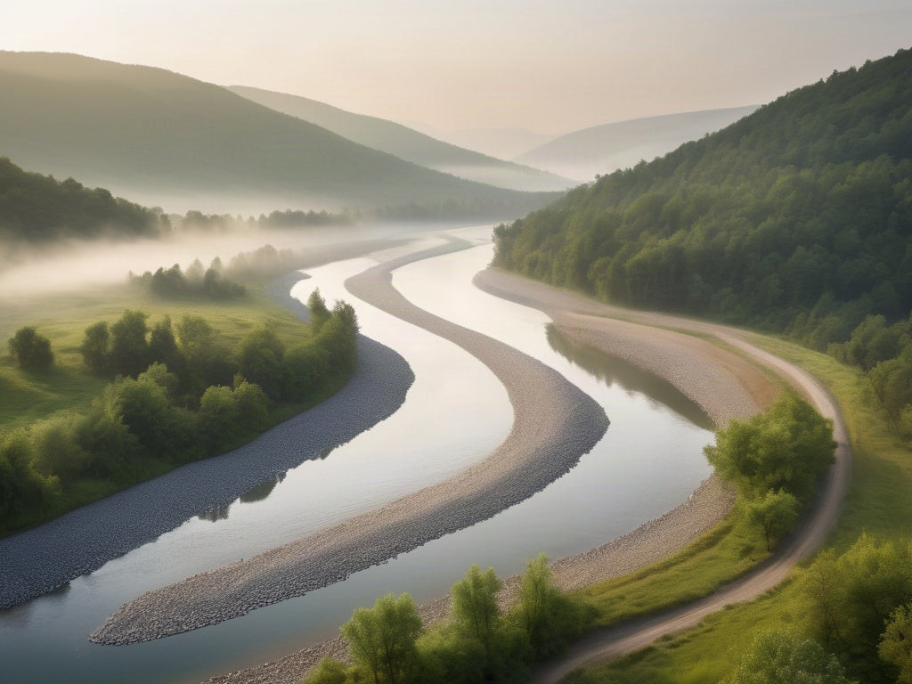 A clear river winding through forested hills in low morning mist