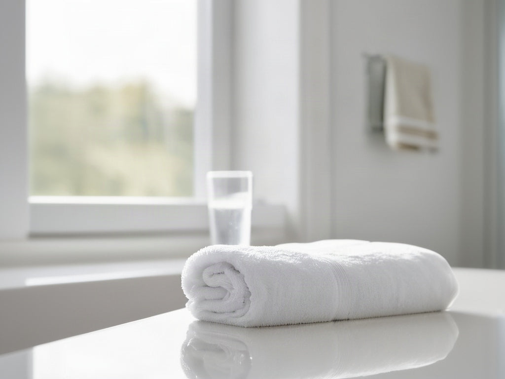 Glass of water beside a folded white towel on a bathroom counter