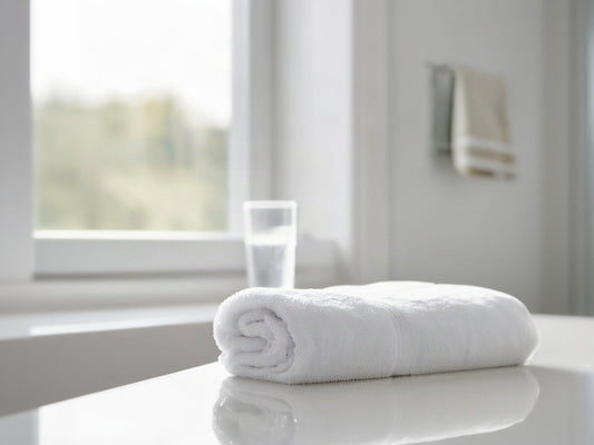 Glass of water beside a folded white towel on a bathroom counter